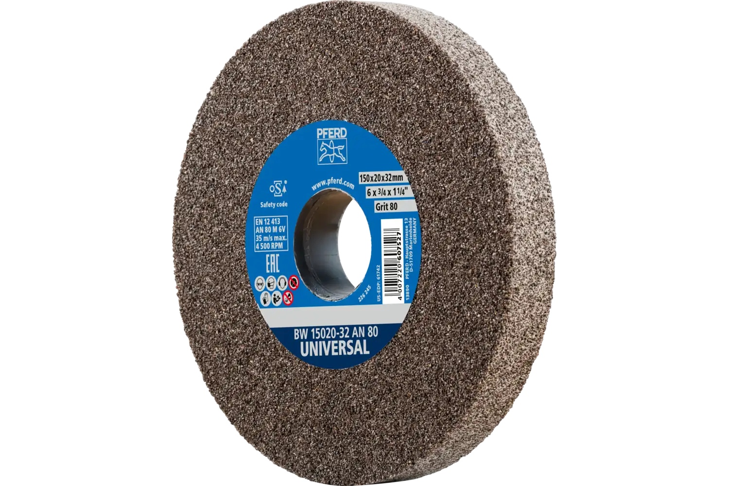 Picture of Pferd Vitrified Bench Wheel, Universal, 6" X 3/4 X 1-1/4, 80 Grit, Aluminum Oxide